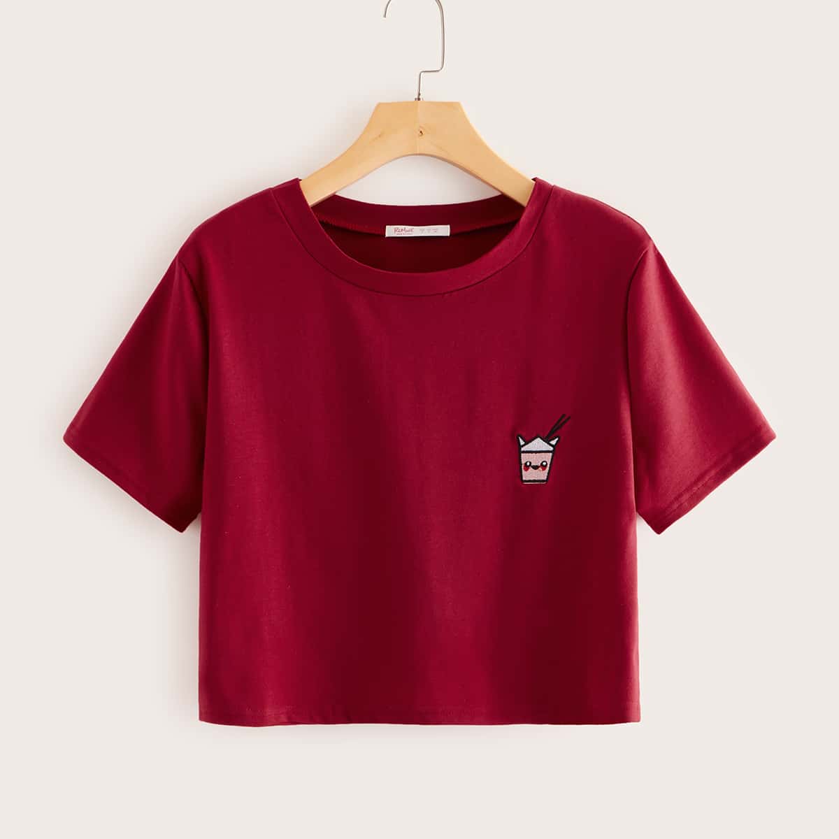 

Cartoon Embroidery Short Sleeve Tee, Burgundy