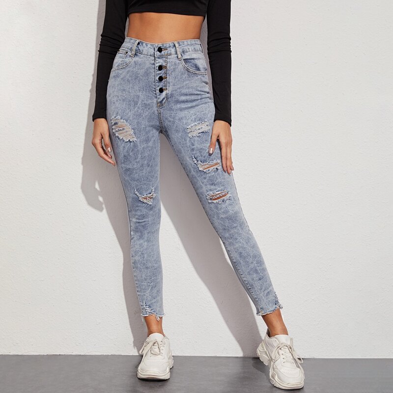 

Ripped Raw Hem Skinny Jeans, Blue