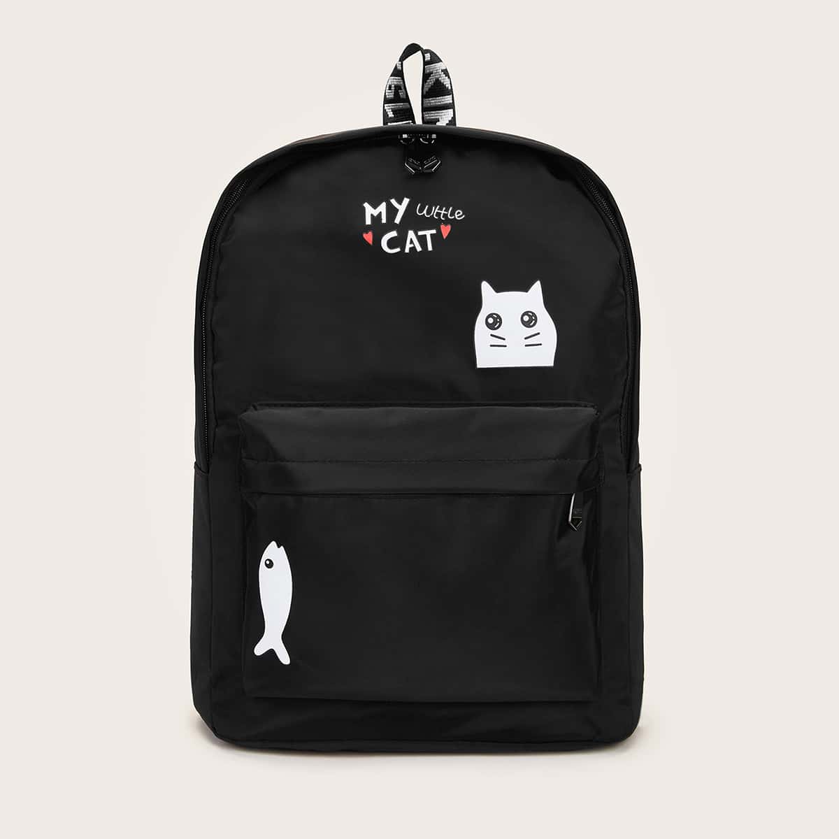 

Cartoon Graphic Pocket Front Backpack, Black