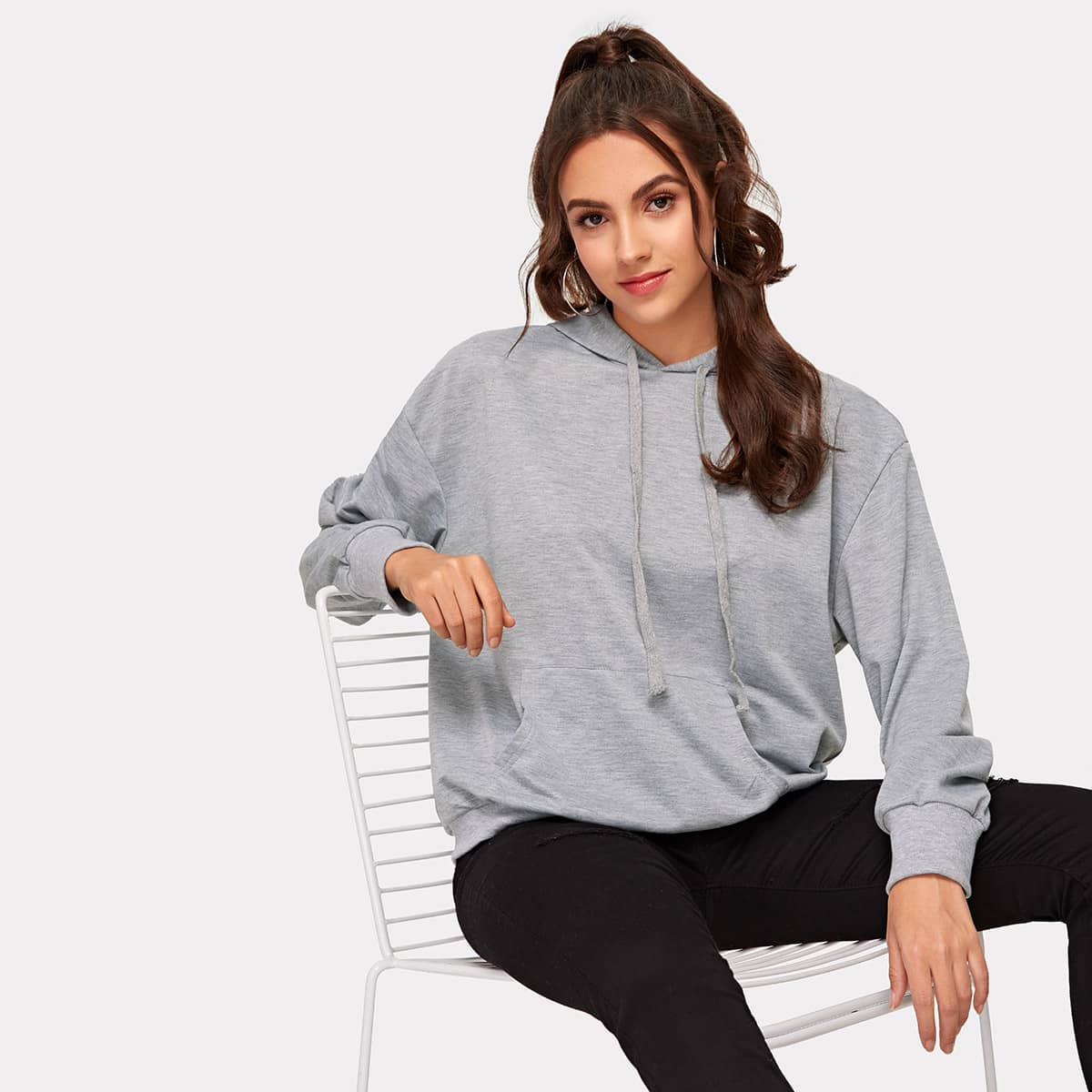 

Solid Kangaroo Pocket Drawstring Oversized Hoodie, Grey