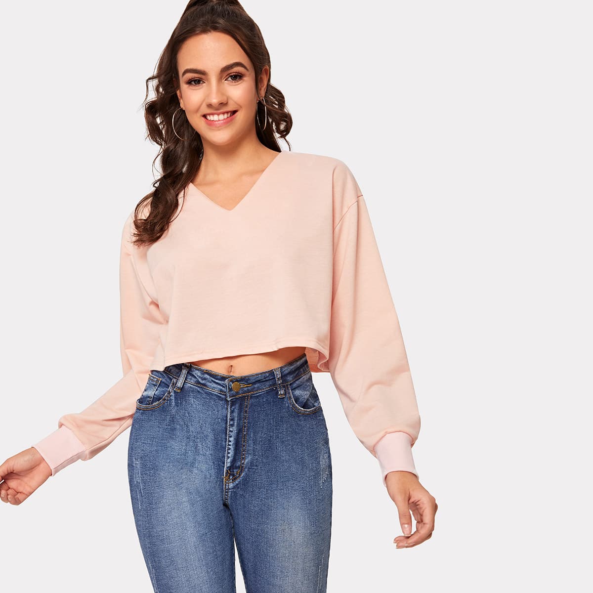 

Solid V-neck Oversized Crop Sweatshirt, Pink pastel