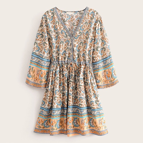 

Drawstring Waist Floral Print Dress, Multicolor