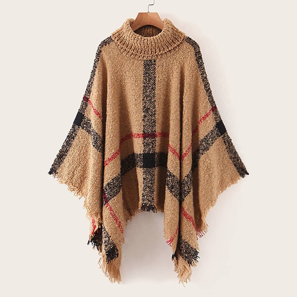 

Fringe Hem Plaid Turtleneck Poncho, Yellow