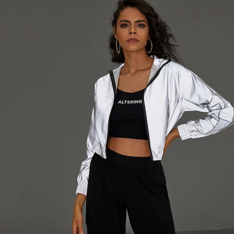 

Reflective Zip-up Windbreaker Jacket, Grey