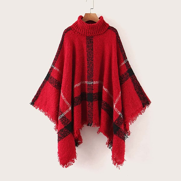 

Fringe Hem Plaid Turtleneck Poncho, Red