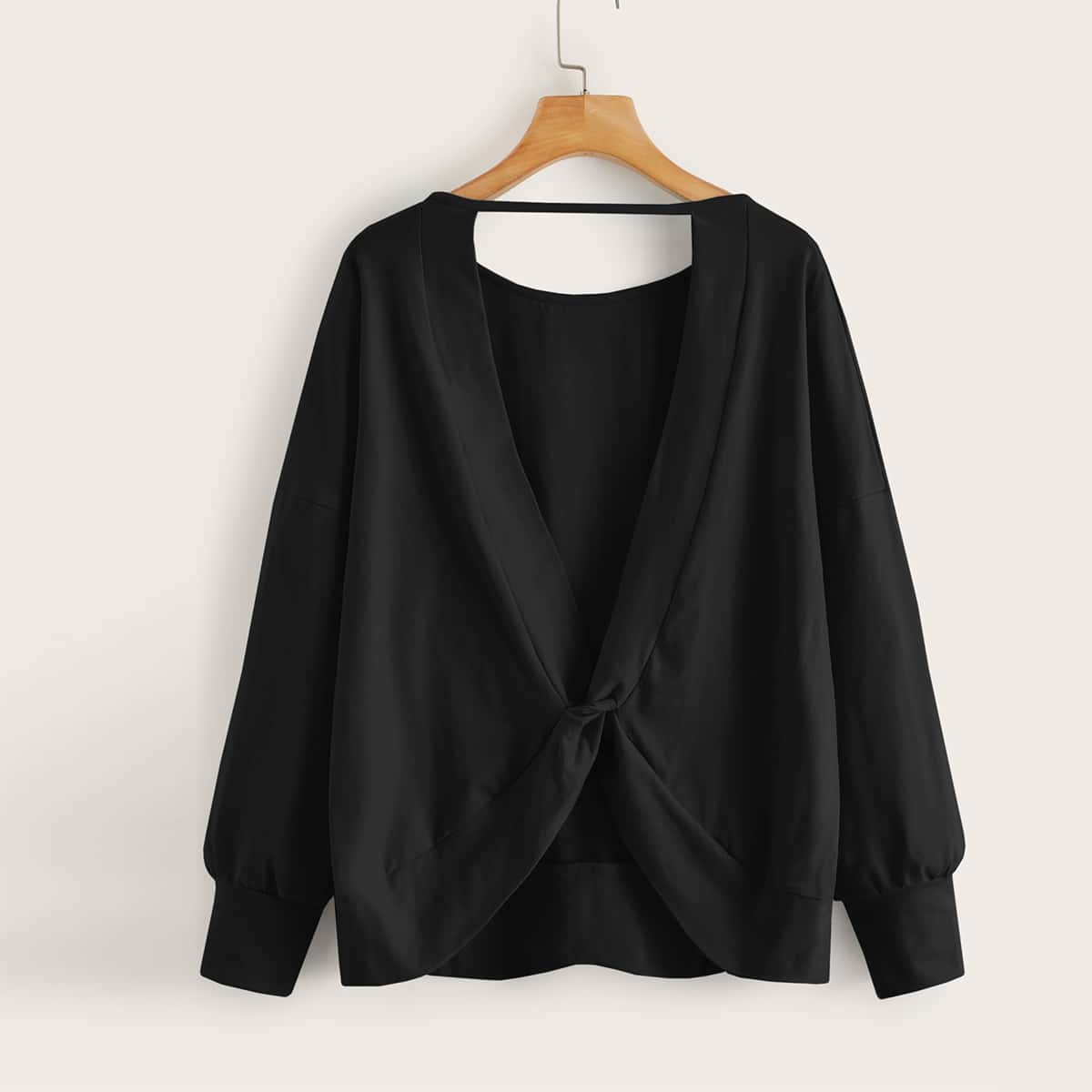 

Twist Back Drop Shoulder Solid Sweatshirt, Black