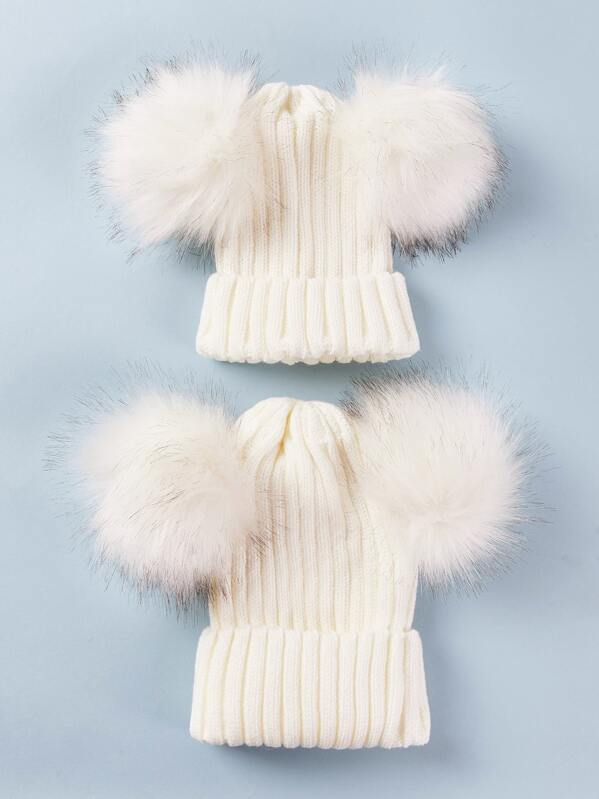 

2pcs Toddler Kids Pom Pom Decor Knit Beanie, White