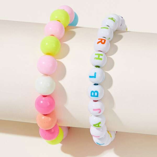 

2pcs Toddler Girls Letter Engraved Beaded Bracelet, Multicolor