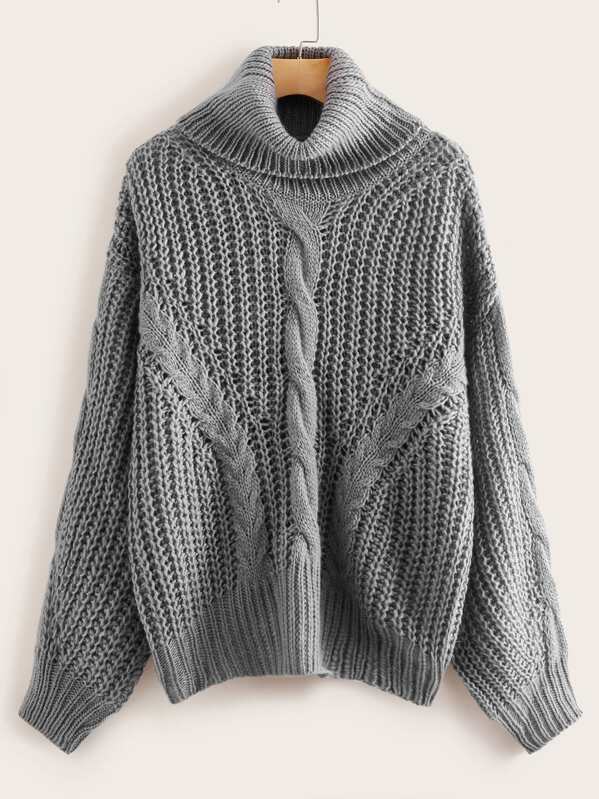 

Funnel Neck Cable & Chunky Knit Sweater, Grey