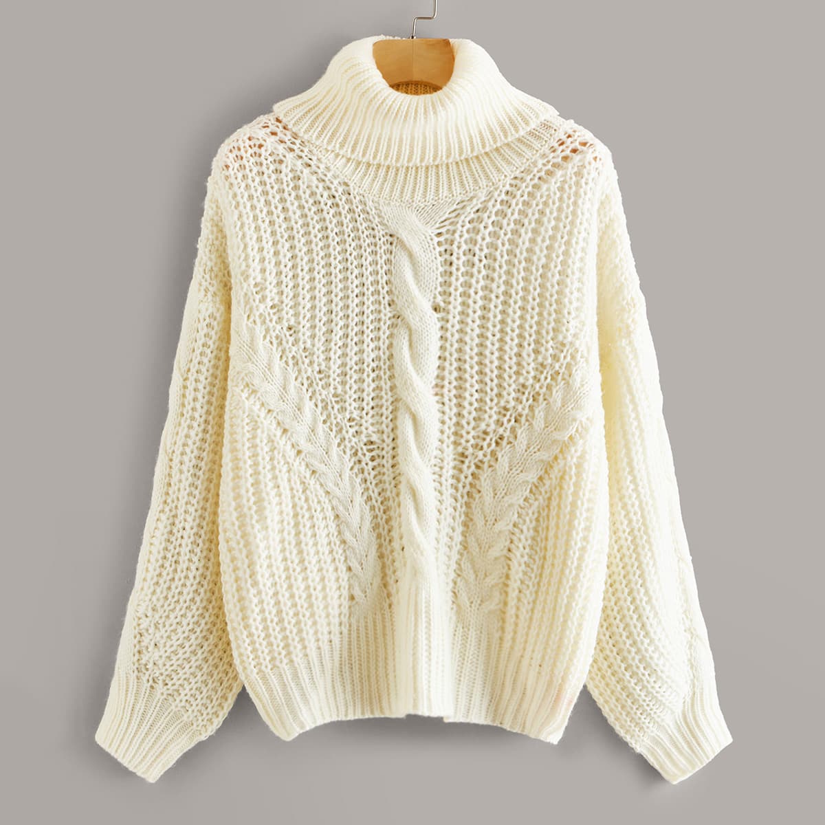 

Turtleneck Lantern Sleeve Cable Knit Sweater, Beige pastel