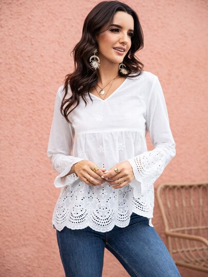 Solid Eyelet Embroidery Babydoll Blouse