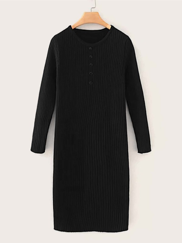 

Half Button Ribbed Knit Sweater Dress, Black
