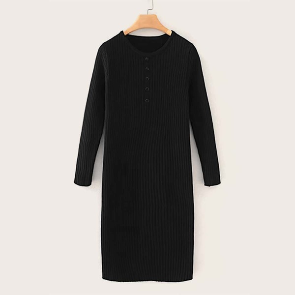 

Half Button Ribbed Knit Sweater Dress, Black