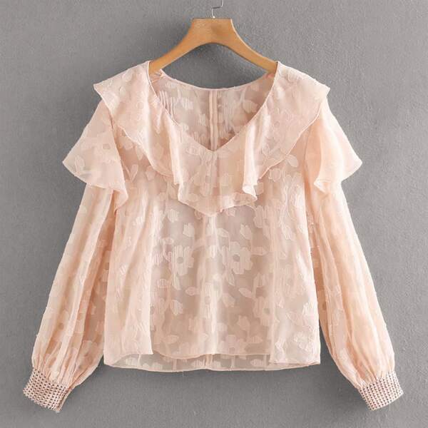 

V-neck Ruffle Trim Sheer Blouse, Pink