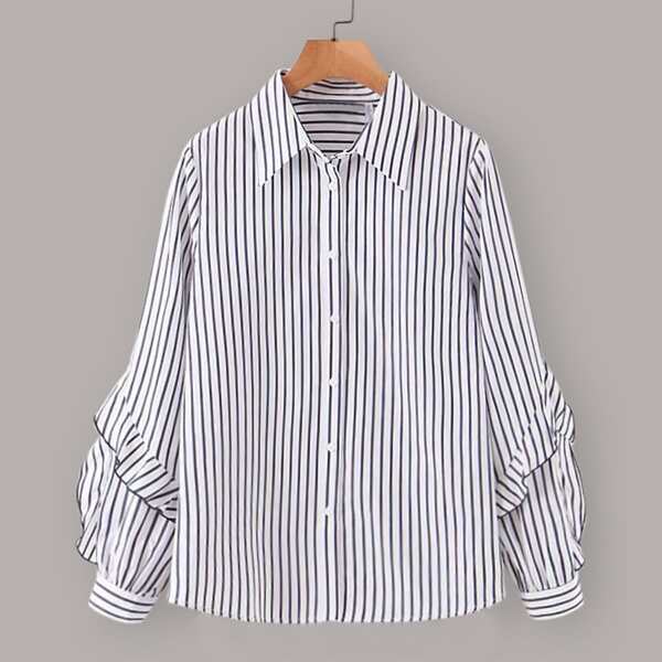 

Frill Trim Vertical Stripe Blouse, Black and white