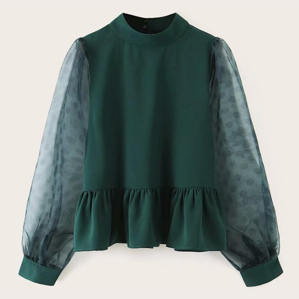 

Contrast Mesh Sleeve Ruffle Hem Blouse, Green