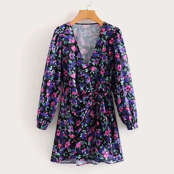 

Floral Print Knot Side Wrap Dress, Multicolor