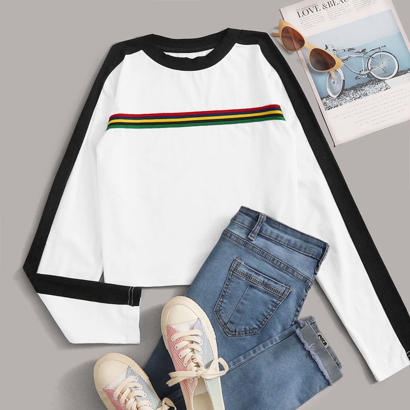

Contrast Tape Color-block Long Sleeve Tee, Black and white