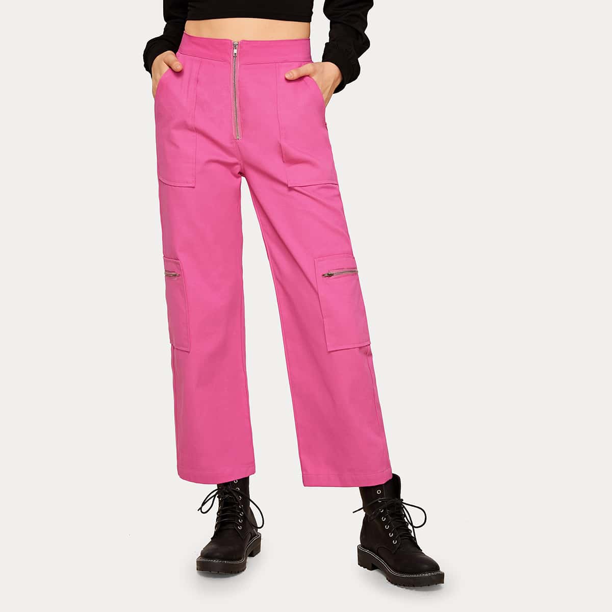 

Zipper Pocket Side Straight Jeans, Pink bright