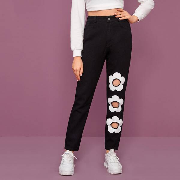 

Floral Print Cut Out Jeans, Black