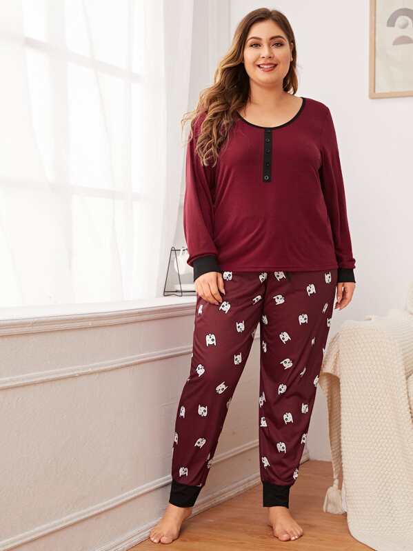 

Plus Cartoon Dog Print PJ Set, Burgundy, Carol