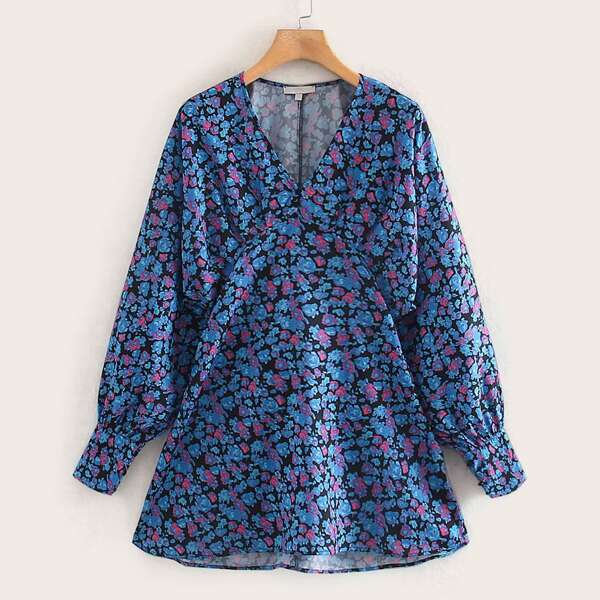 

Floral Print High Waist A-line Dress, Blue