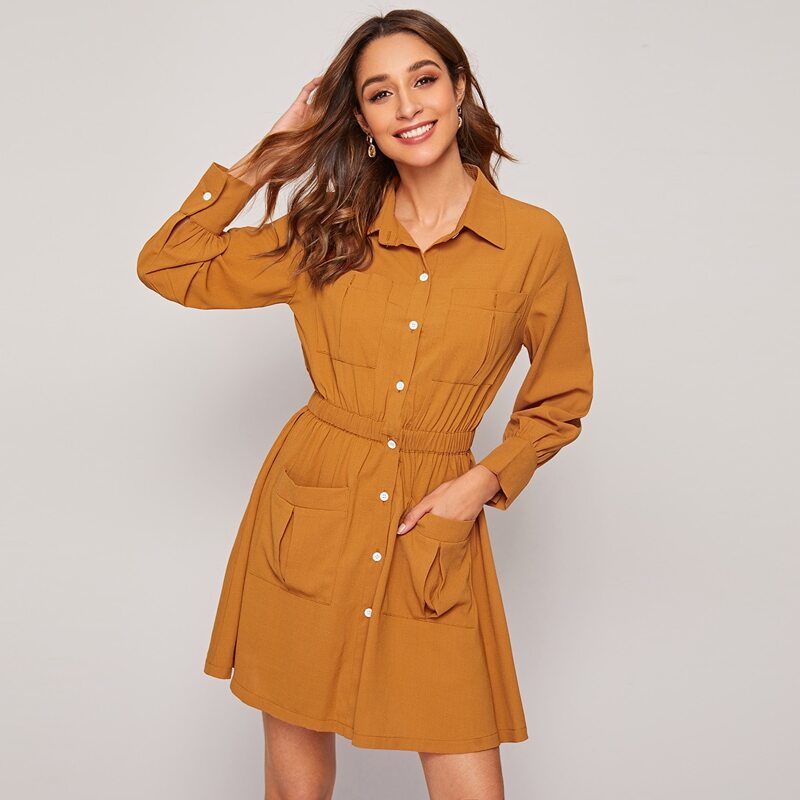 

Button Front Elastic Waist Shirt Dress, Yellow