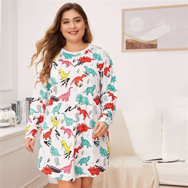 

Plus Cartoon Dinosaur Print Night Dress, Multicolor