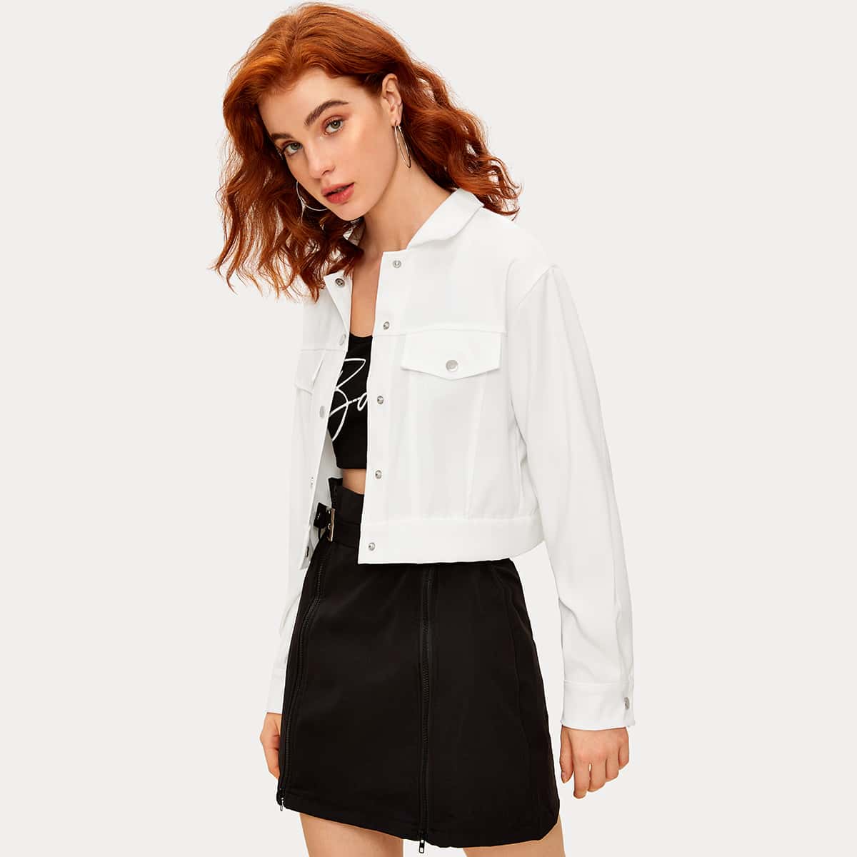 

Solid Single-breasted Trucker Jacket, White