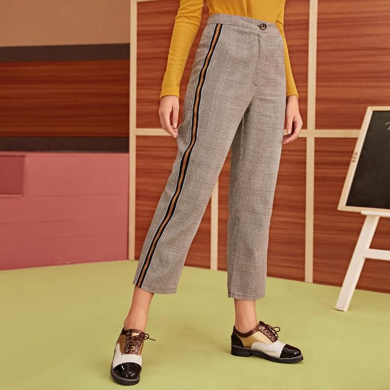 

Side Striped Plaid Button Fly Pants, Khaki