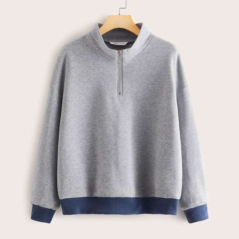 

Contrast Binding Half Zip Drop Shoulder Sweatshirt, Grey