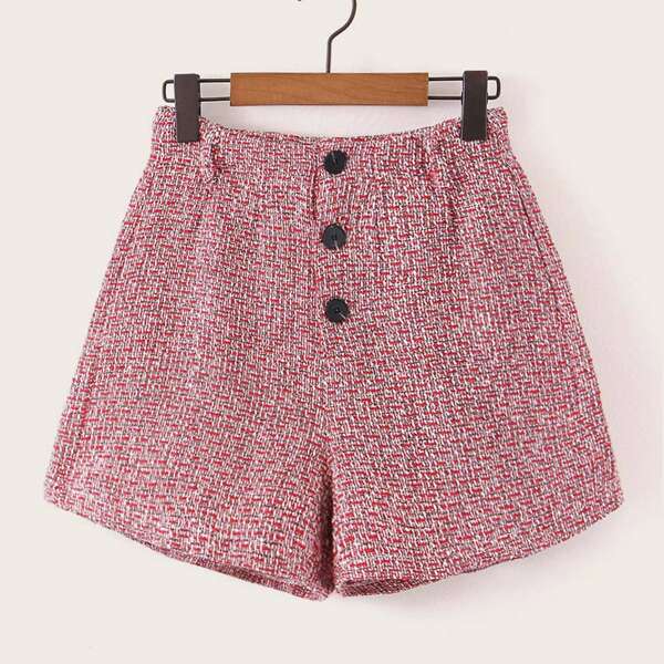

Button Front Tweed Straight Leg Shorts, Pink