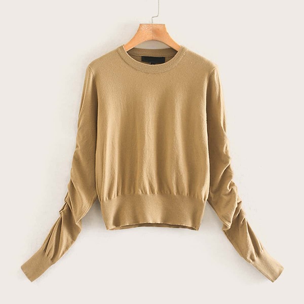 

Ruched Sleeve Solid Sweater, Khaki