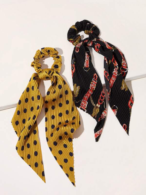 

2pcs Polka Dot & Belt Pattern Scrunchie Scarf, Multicolor