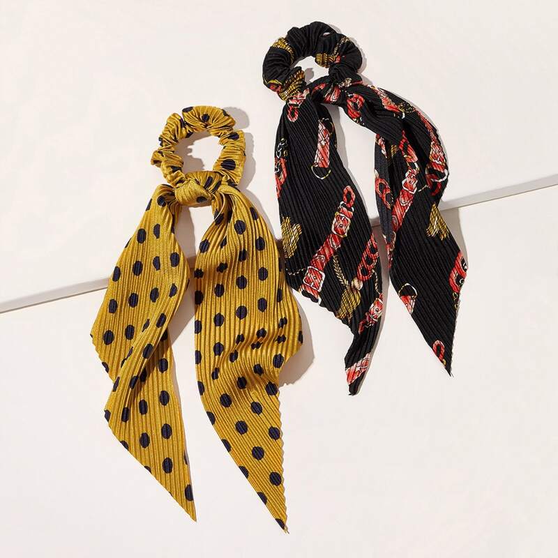 

2pcs Polka Dot & Belt Pattern Scrunchie Scarf, Multicolor