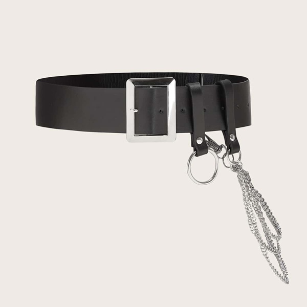 

Chain & Ring Decor Buckle Belt, Black