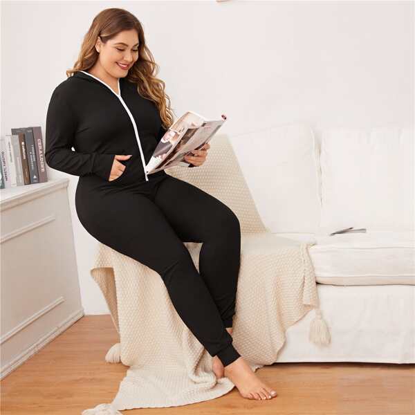 

Plus Zipper Front Long Sleeve Jumpsuit, Black