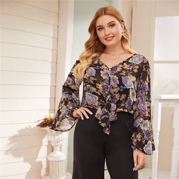 

Plus Floral Print Tie Front Chiffon Blouse, Multicolor
