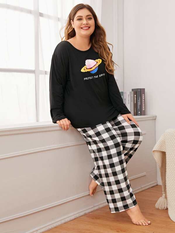 

Plus Letter & Plaid Print PJ Set, Black and white, Carol