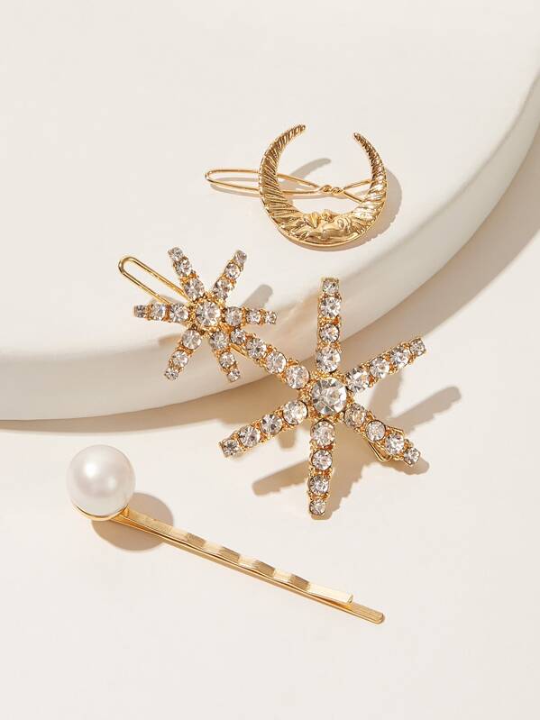 

3pcs Faux Pearl & Rhinestone Engraved Star Hair Clip, Gold