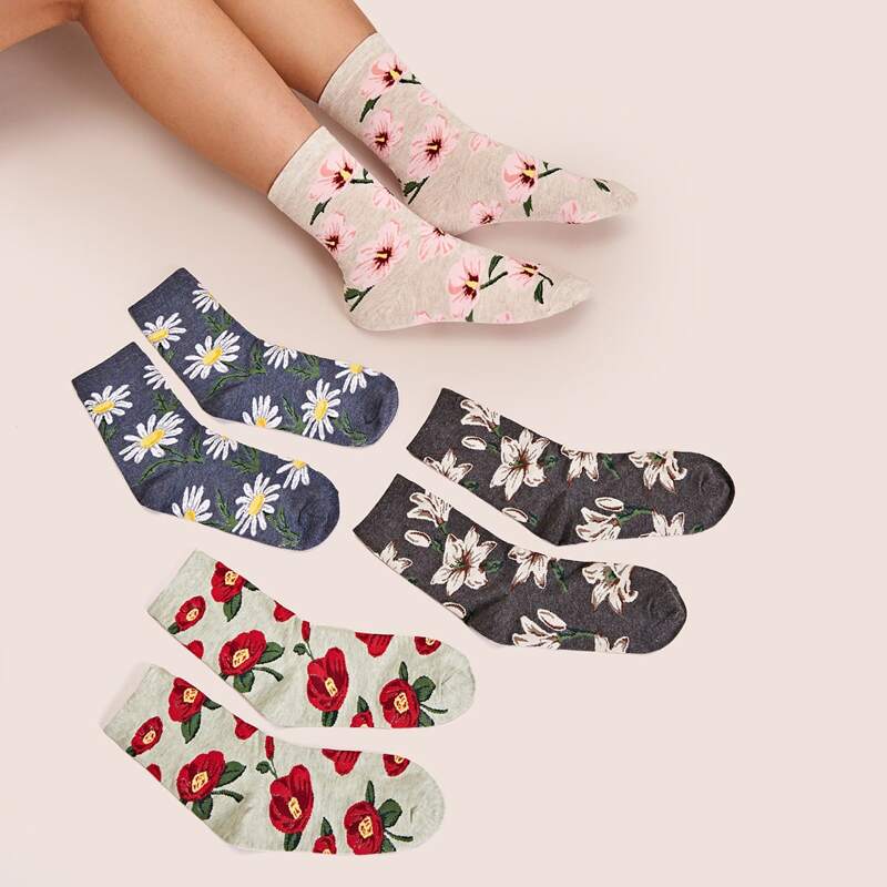 

4pairs Daisy & Flower Pattern Socks, Multicolor