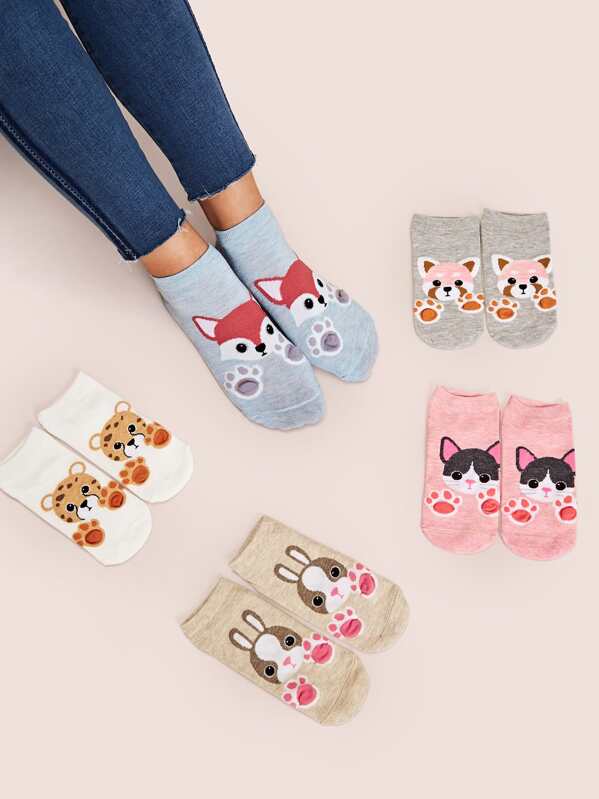 

5pairs Tiger & Rabbit Pattern Socks, Multicolor