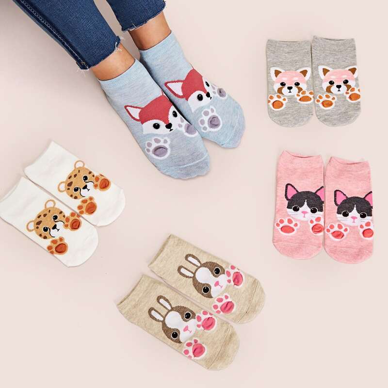 

5pairs Tiger & Rabbit Pattern Socks, Multicolor