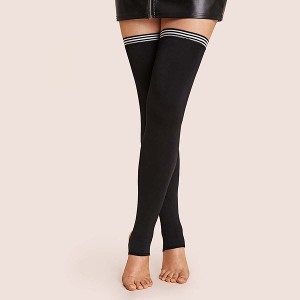 

1pair Striped Trim Open Toe High Tube Socks, Black