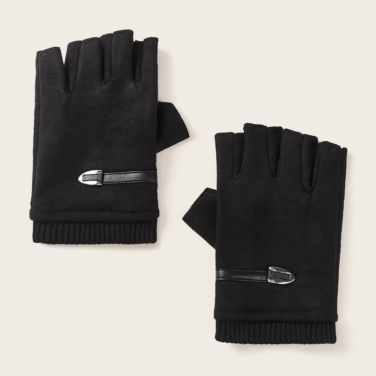 

1pair Guys Metal Buckle Open Finger Gloves, Black