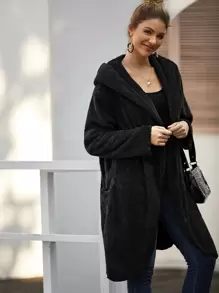 Abrigo teddy con capucha con bolsillo de parte delantera abierta - grande - Negro - Ver 3