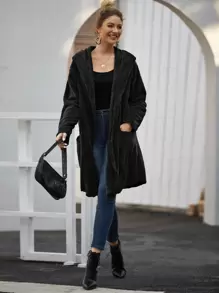 Abrigo teddy con capucha con bolsillo de parte delantera abierta - grande - Negro - Ver 4