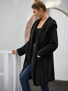 Abrigo teddy con capucha con bolsillo de parte delantera abierta - grande - Negro - Ver 5