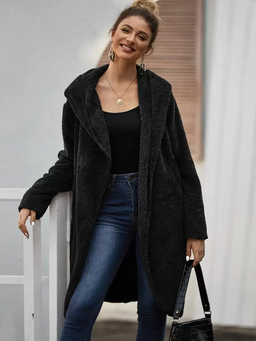 Abrigo teddy con capucha con bolsillo de parte delantera abierta - grande - Negro - Ver 1