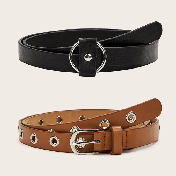 

2pcs Eyelet Decor Geometric Buckle Belt, Multicolor